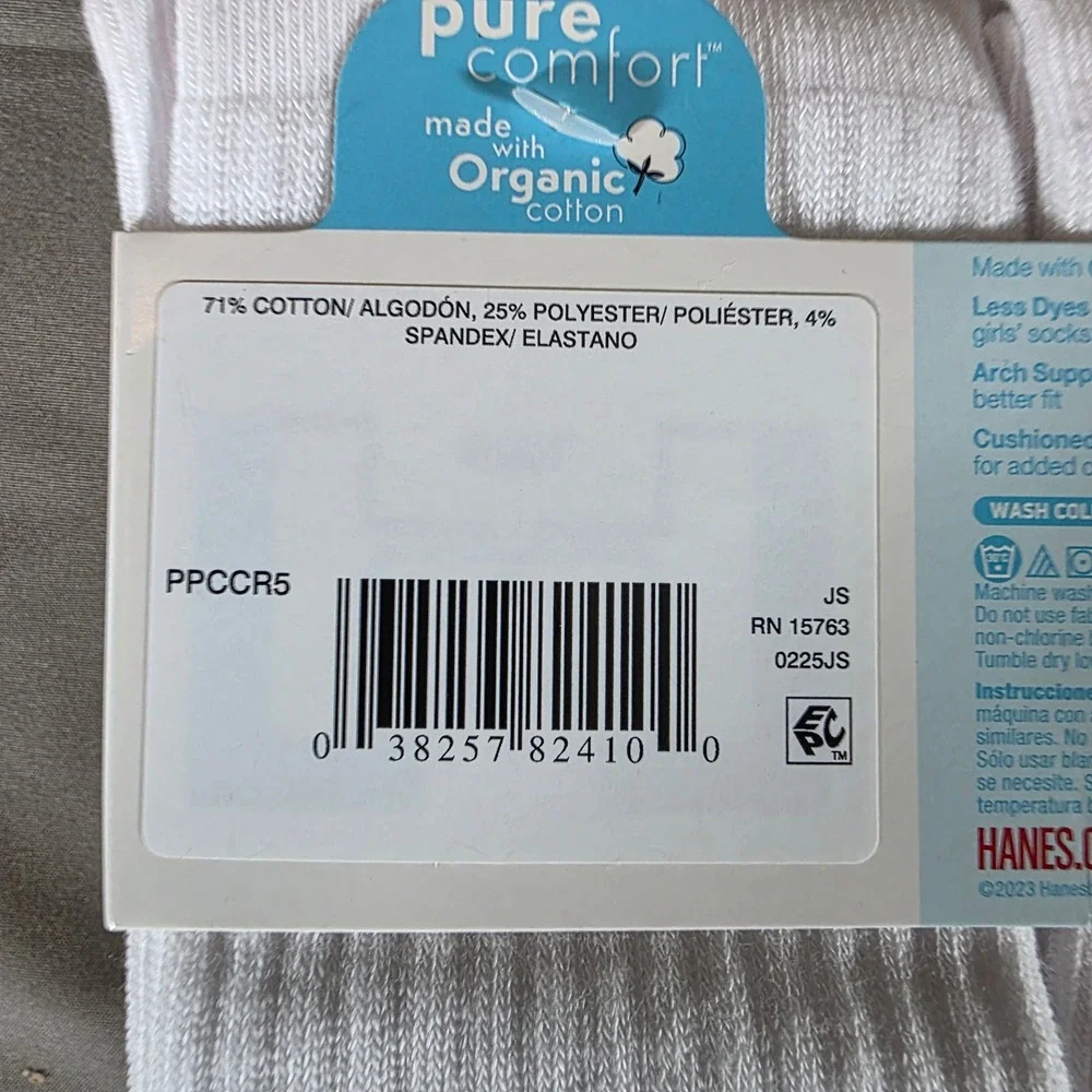 Hanes Premium Pure Comfort Girls Crew Socks 5 Pair White Organic Cotton Size M